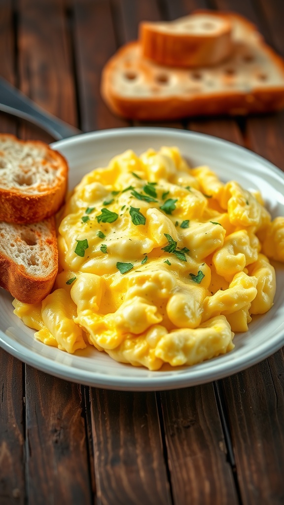 Fluffy scrambled eggs with herbs on a plate next to crispy toast.